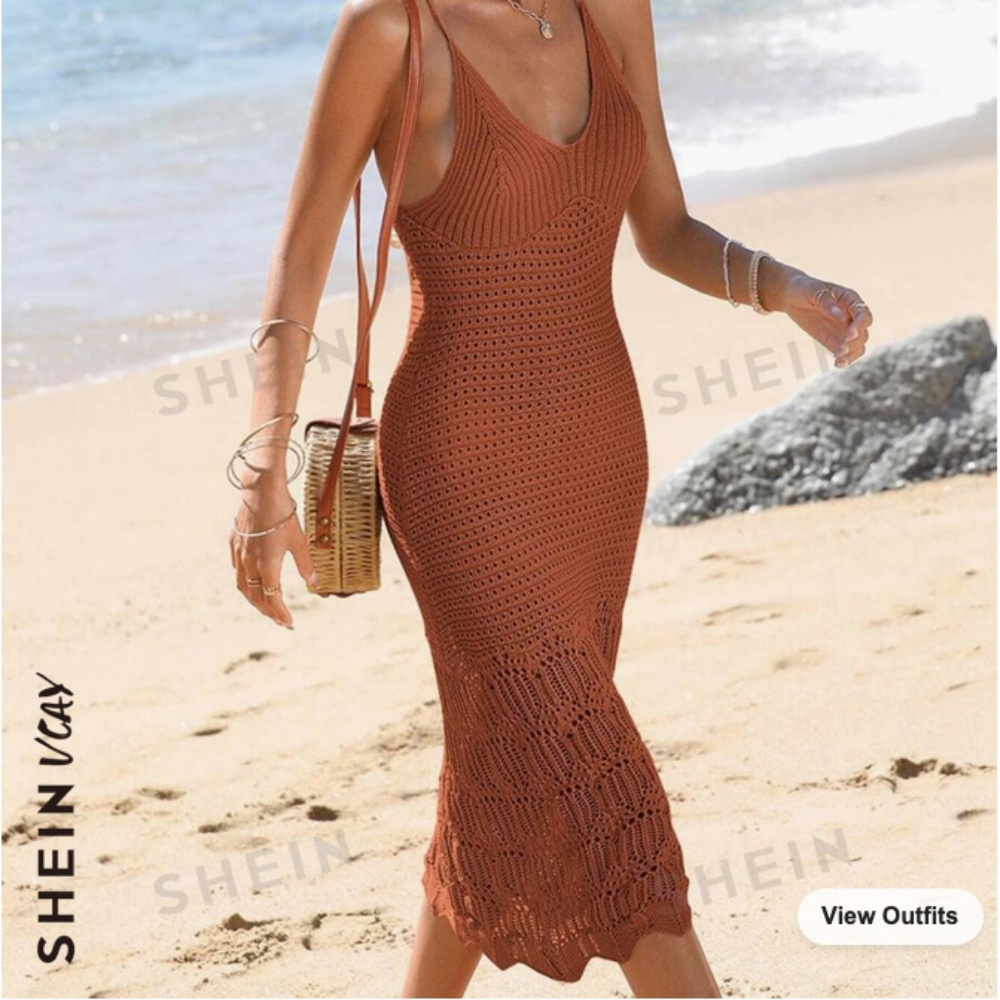SHEIN VCAY Solid Pointelle Knit Cami Sweater Dress